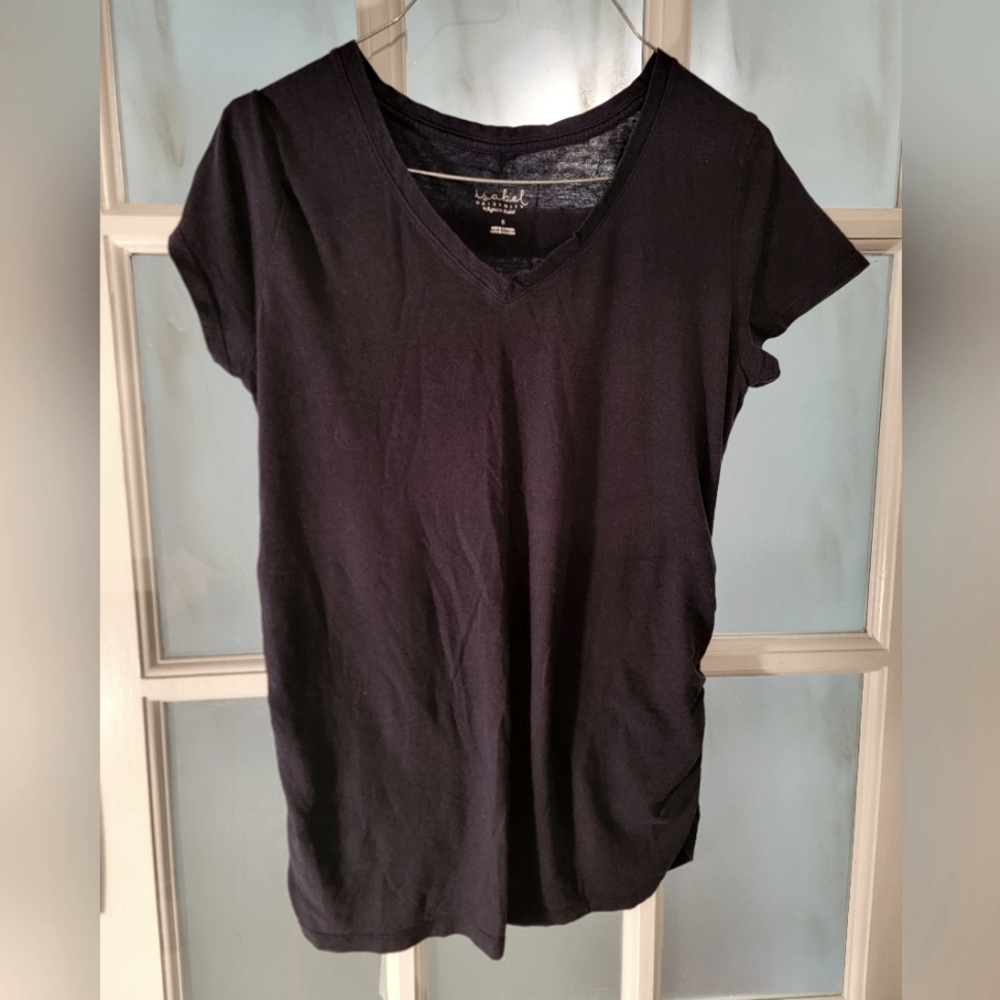 🔴 Isabel Maternity Blue SS V neck Tee with Rouch Small